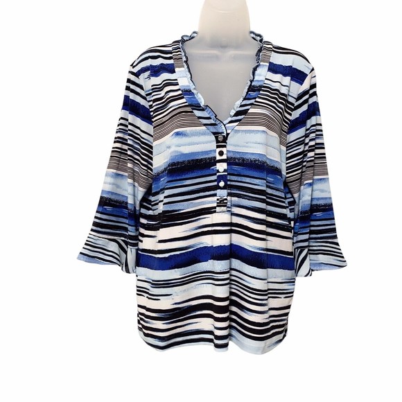 Karl Lagerfeld Tops - Karl Lagerfeld Womens L Blue Stripe Ruffle Collar 3/4 Sleeve Jersey Top Blouse